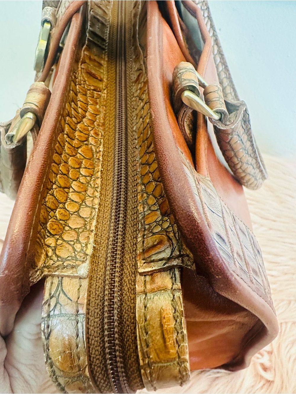 Vintage Brahmin Two-Tone Burnt Orange and Cognac Croc-Trim Satchel - Picture 16 of 16